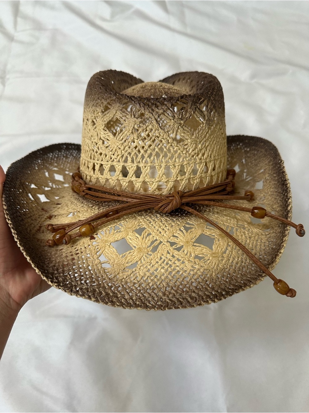 Woven Straw Western Cowboy Hat with Beaded Leather Band - Brown Ombre - Picture 2 of 12